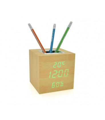 Электронные часы VST-878S Wooden (Yellow), с датчиком температуры и влажности, будильник, питание от кабеля USB, Green Light