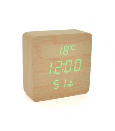 Электронные часы VST-872S Wooden (Yellow), с датчиком температуры и влажности, будильник, питание от кабеля USB, Green Light
