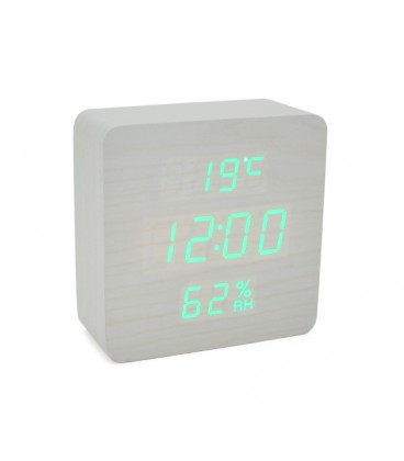 Электронные часы VST-872S Wooden (White), с датчиком температуры и влажности, будильник, питание от кабеля USB, Green Light