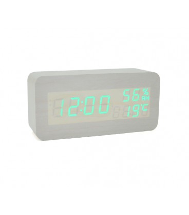 Электронные часы VST-862S Wooden (White), с датчиком температуры и влажности, будильник, питание от кабеля USB, Green Light