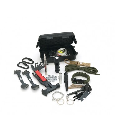 Туристический бокс с набором для выживания, 19 предметов, (топорик,карабины,фонарик,фитиль,веревка,леска и др,), пластик, 20*12*