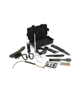 Туристический бокс с набором для выживания, 18 предметов, (нож,карабины,фонарик,фитиль,веревка и др,), пластик, 20*11.7*6.9см