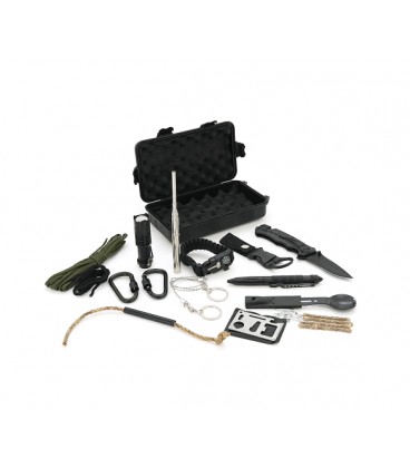 Туристический бокс с набором для выживания, 18 предметов, (нож,карабины,фонарик,фитиль,веревка и др,), пластик, 20*11.7*6.9см