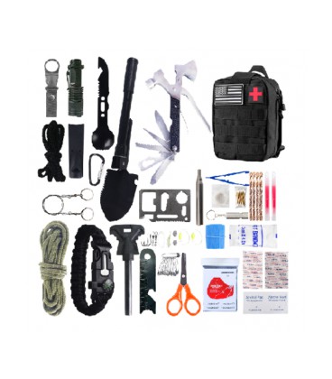 Туристическая сумка с набором для выживания, 35 предметов, пылевлагонепроницаемая, на змейке, (ножницы,лопатка,топорик.фонарик, 