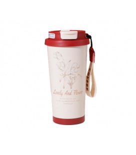 Термокружка пластиковая Merlion Coffee, с трубочкой, объем 500мл., колба из нержавеющей стали, белый с красным