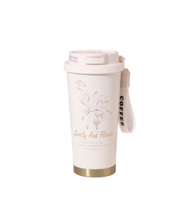 Термокружка пластиковая Merlion Coffee, с трубочкой, объем 500мл., колба из нержавеющей стали, белая