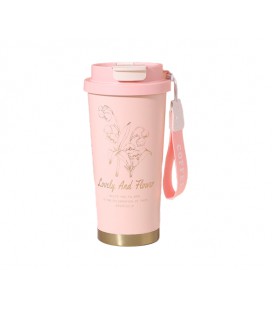 Термокружка пластиковая Merlion Coffee, с трубочкой, объем 500мл., колба из нержавеющей стали, розовая