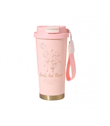 Термокружка пластиковая Merlion Coffee, с трубочкой, объем 500мл., колба из нержавеющей стали, розовая