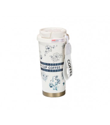 Термокружка пластиковая Merlion Coffee, с трубочкой, объем 500мл., колба из нержавеющей стали, белая с серым