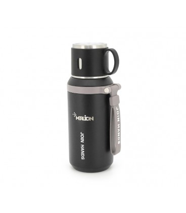 Термос для чая Merlion из нержавеющей стали, с ситечком, чашкой и ручкой для переноски, объем 600 мл., черный