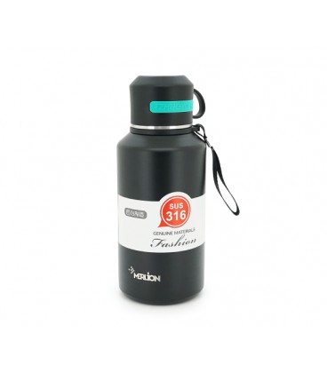 Термос Merlion из нержавеющей стали, с чашкой в чехле и ручкой для переноски, объем 1200 мл., черный