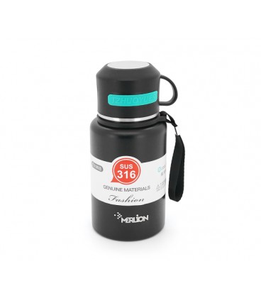 Термос Merlion из нержавеющей стали, с чашкой в чехле и ручкой для переноски, объем 600 мл., черный