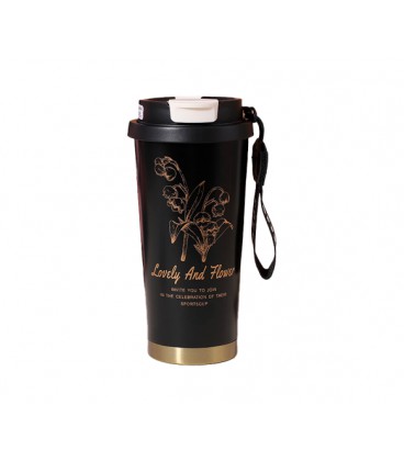 Термокружка пластиковая Merlion Coffee, с трубочкой, объем 500мл., колба из нержавеющей стали, черный