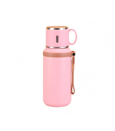 Термос для чая Merlion из нержавеющей стали c чашкой и ручкой для переноски, объем 600 мл., розовый