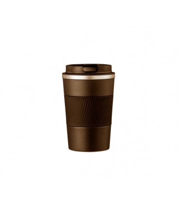 Термокружка Merlion из нержавеющей стали, объем 380 мл., коричневый, с силиконовым чехлом и откидной крышкой