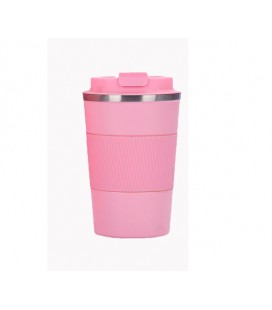 Термокружка Merlion из нержавеющей стали, объем 380 мл., розовый, с силиконовым чехлом и откидной крышкой
