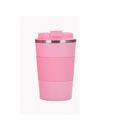 Термокружка Merlion из нержавеющей стали, объем 380 мл., розовый, с силиконовым чехлом и откидной крышкой